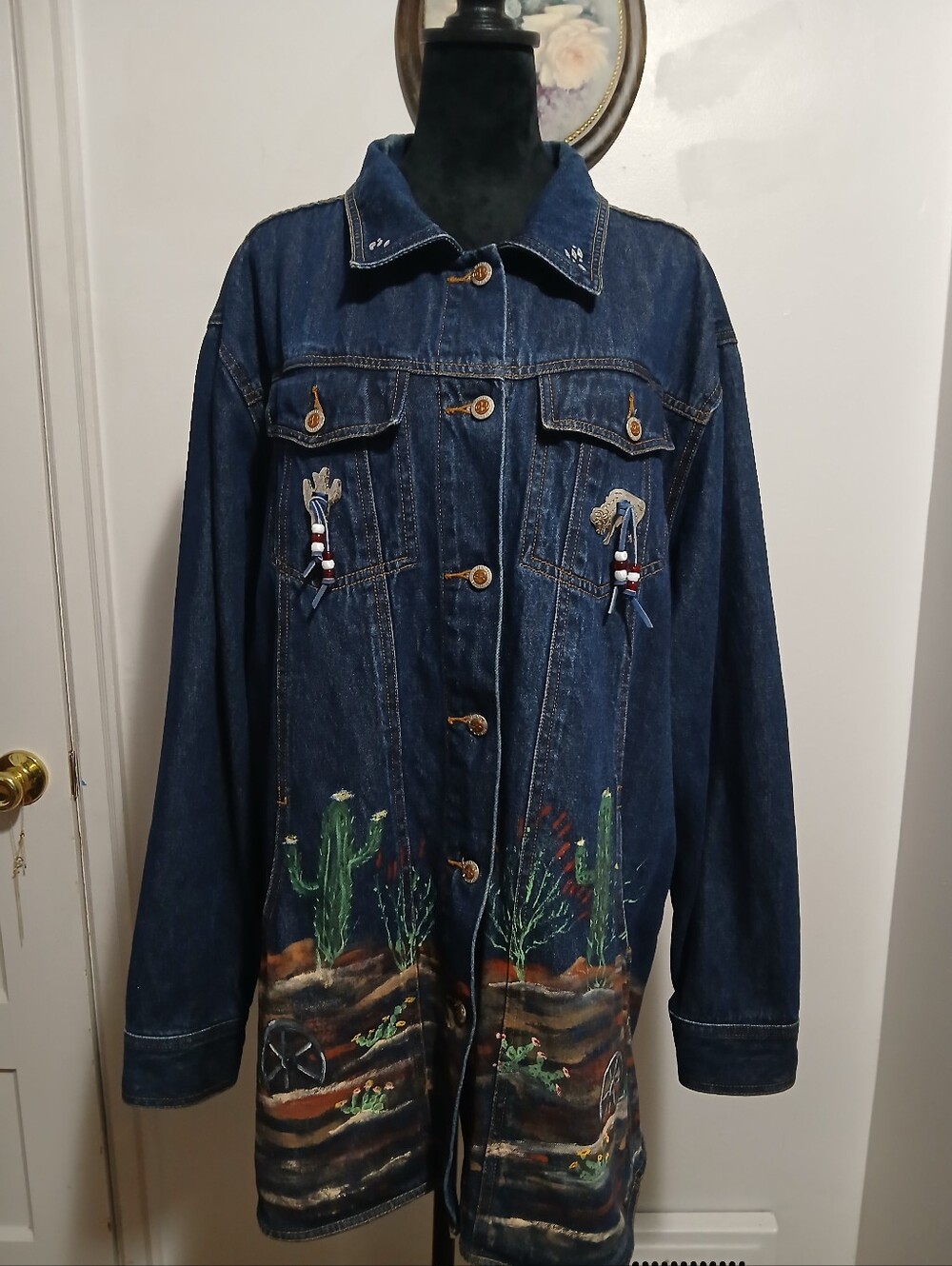 Vintage Hand Painted Denim Jacket Indigenous Portrait Art Southwest Native 22/24